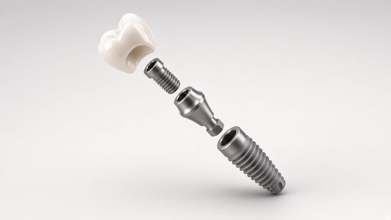 A dental implant assembling: crown, retaining screw, abutment, and titanium fixture