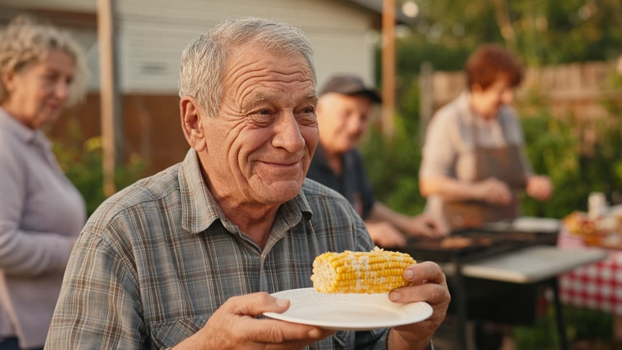 A man holding corn on the cob at a backyard barbecue