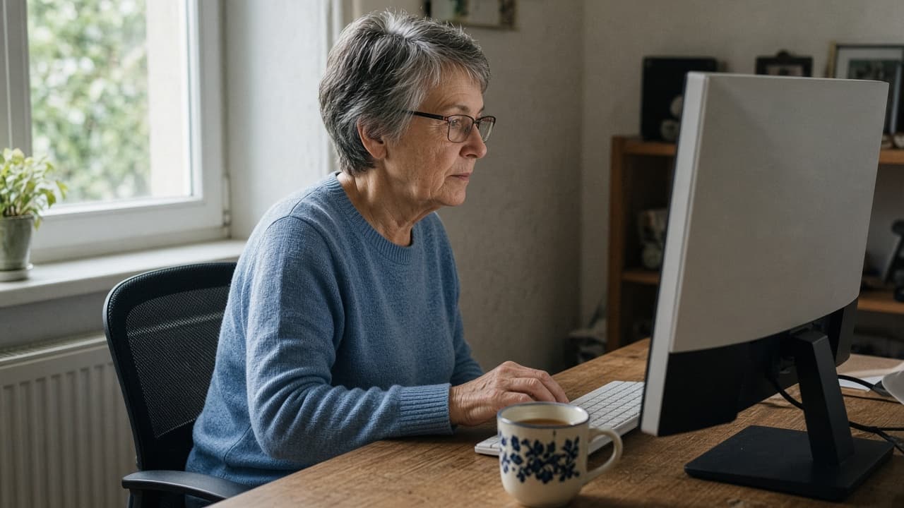 A woman working at a home computer in a sunlit room