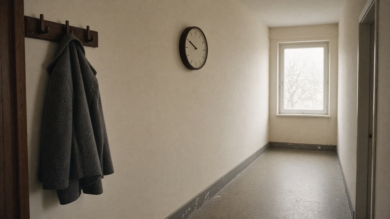 A clinic hallway with a coat rack and a wall clock, no people