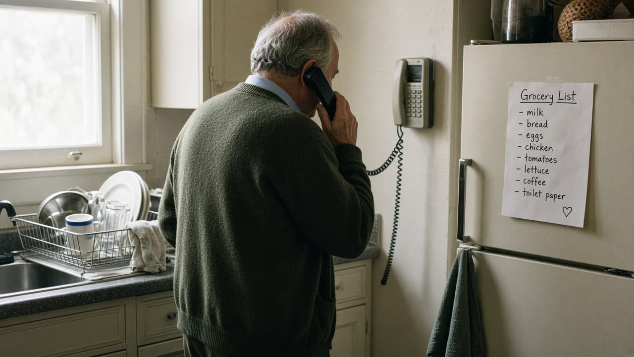 A person on a landline phone in a kitchen, seen from behind