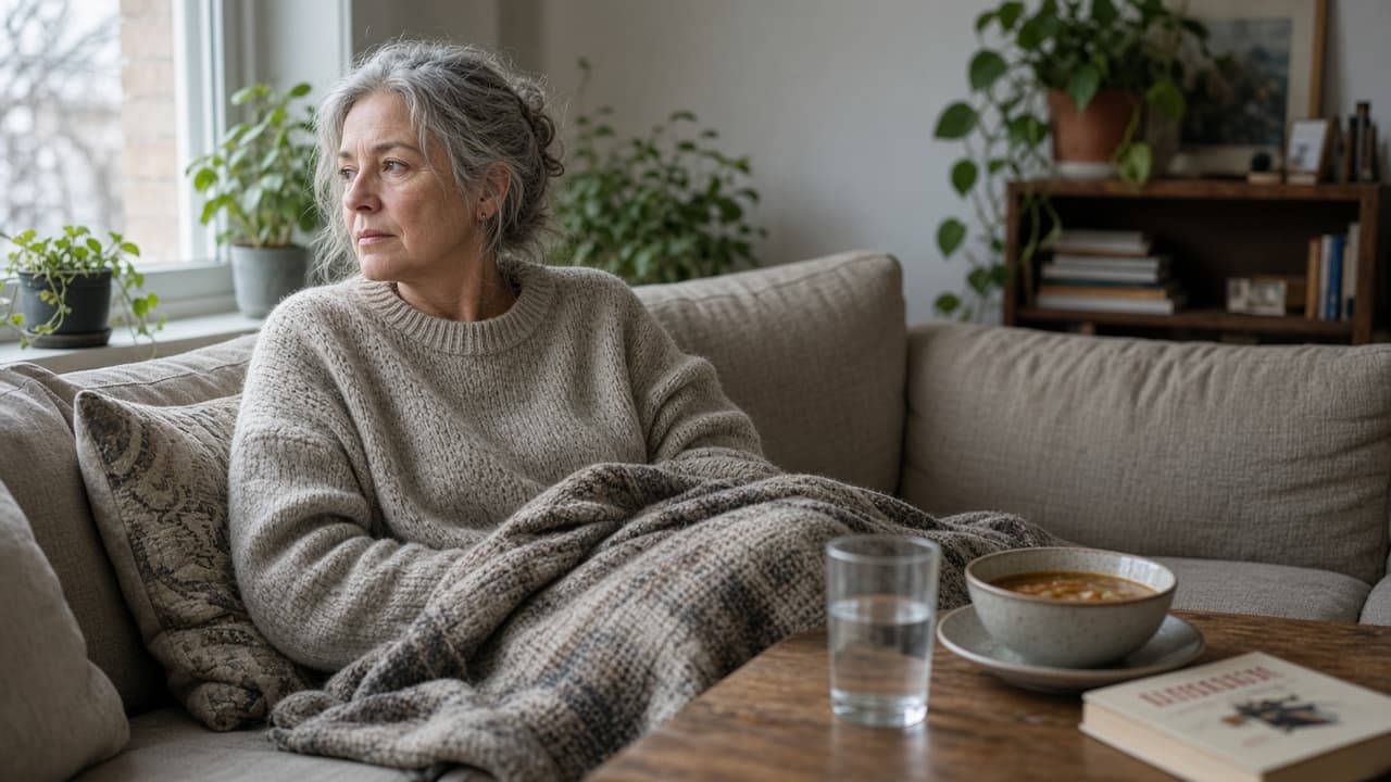A woman in a cream sweater resting on a sofa with a mug of tea
