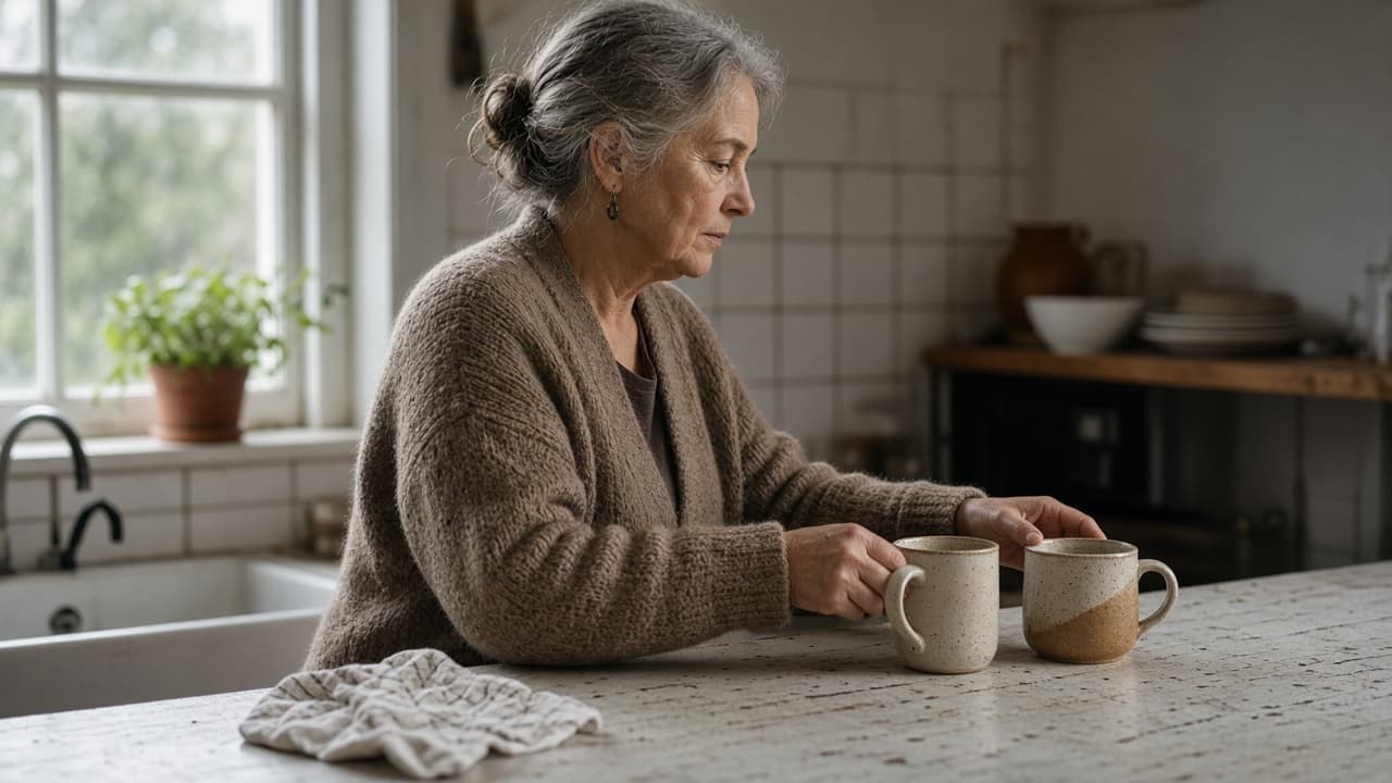 A woman in her sixties setting two ceramic mugs on a kitchen counter