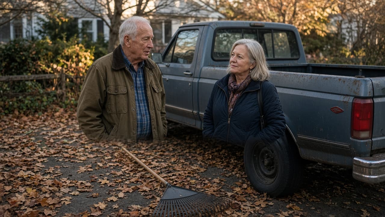 Two neighbours in their sixties talking beside a dark pickup in an autumn driveway