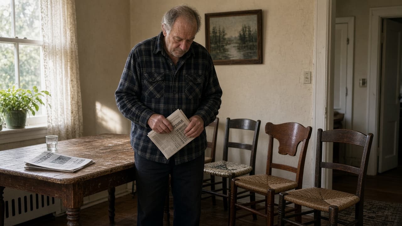 A man in his sixties counting wooden chairs around a dining table