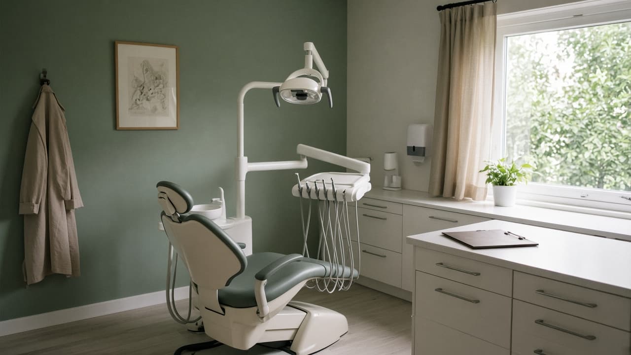 A clinic room with the chair upright and the overhead light off