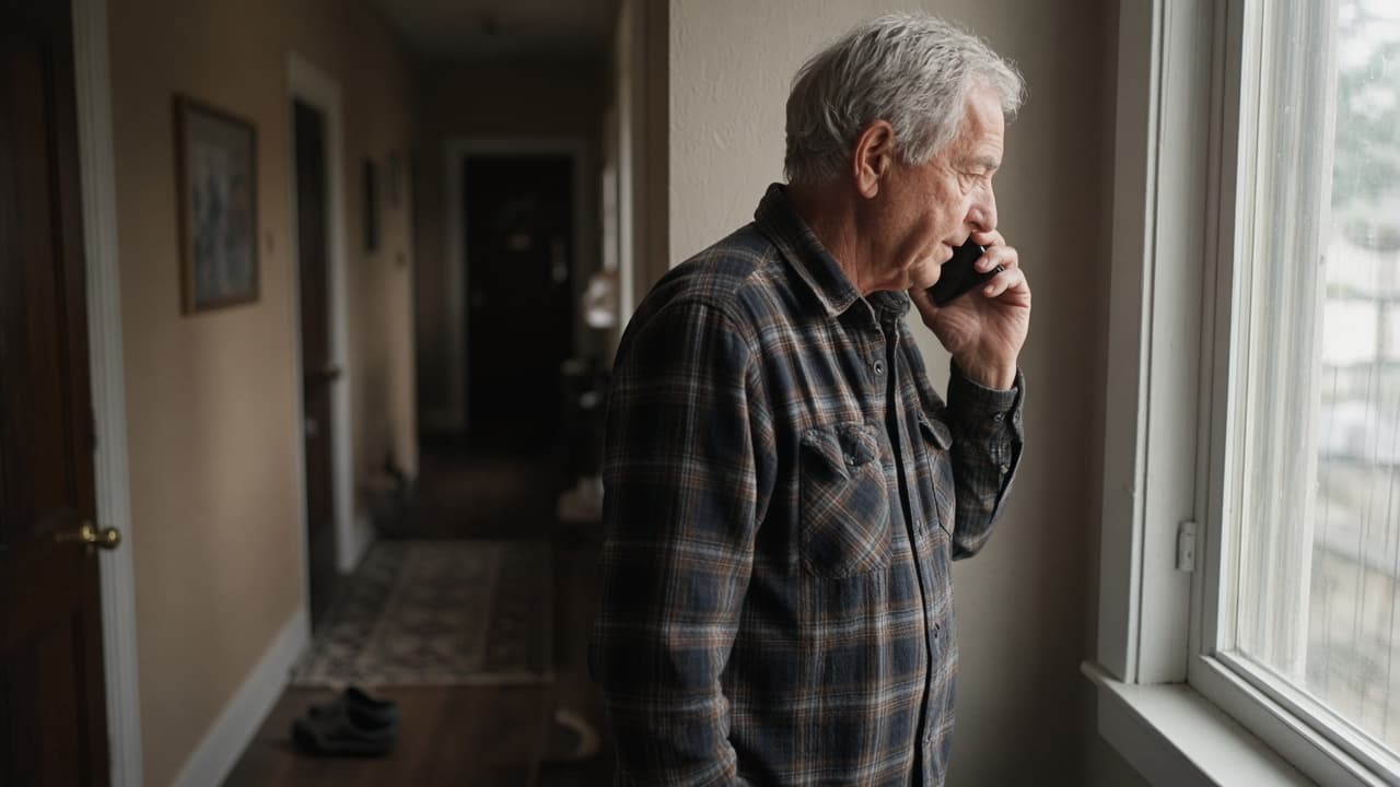 A woman seen from the side speaking on a landline in a kitchen