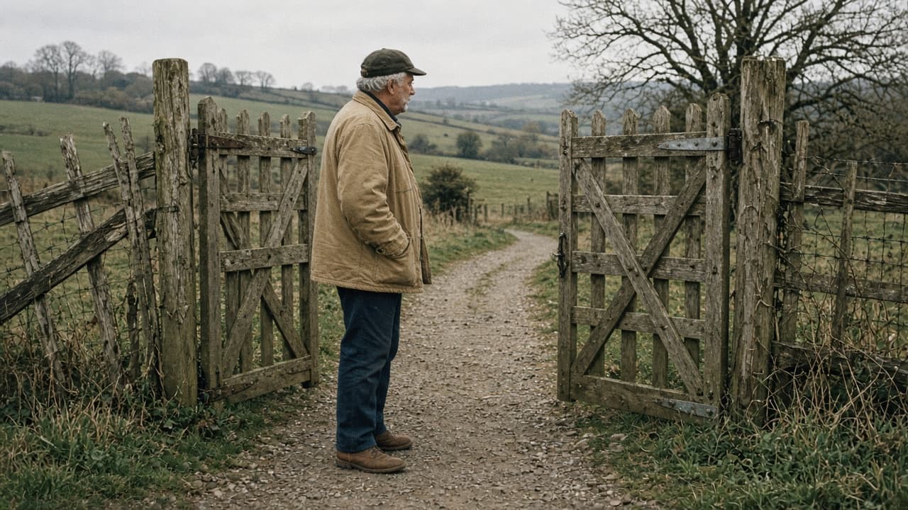 A man around seventy looking between two wooden garden gates