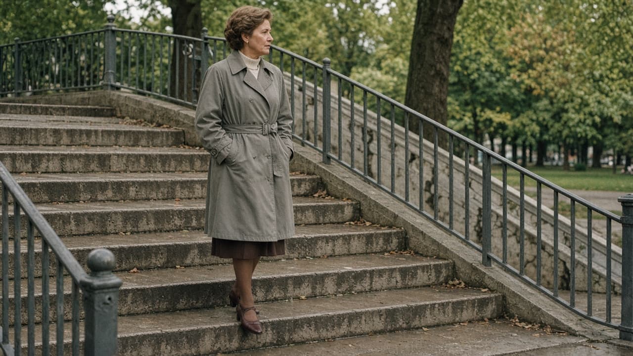 A woman in her sixties pausing on wide stone steps in a park