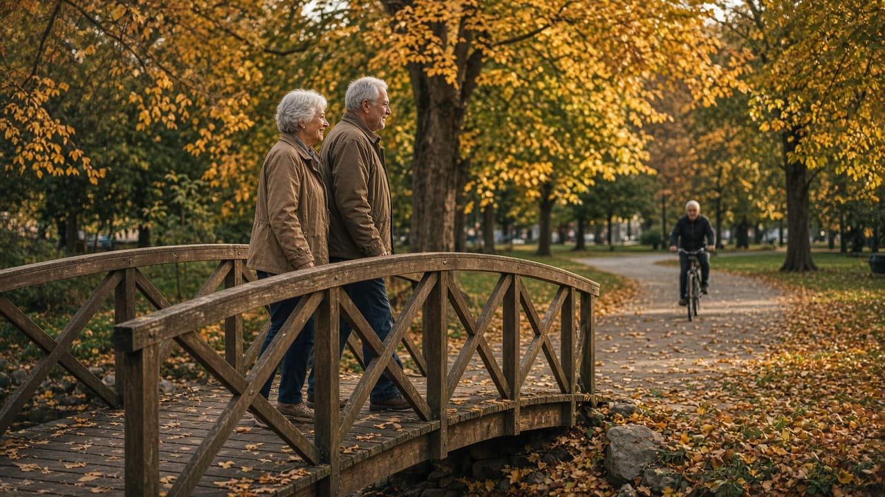 A couple in their sixties crossing a wooden footbridge in an autumn park
