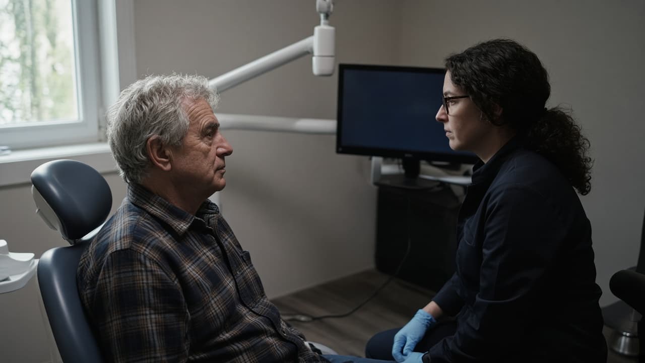 A clinician and a patient seated, looking toward a darkened monitor across the room