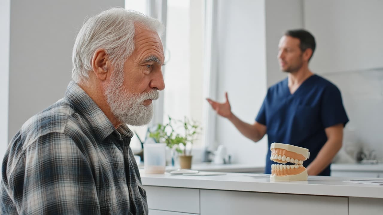A dental model of a jaw with missing teeth and a shrunken ridge beside a full-arch implant model