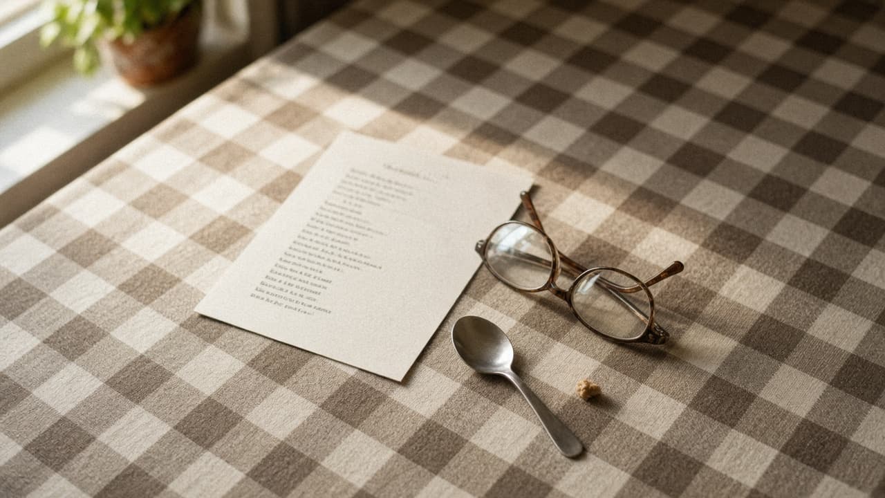 A kitchen table with a printed chart too soft to read and a pair of glasses