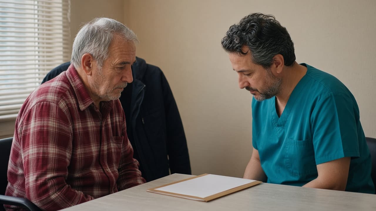 A clinician and a patient seated across a desk, both looking at a closed chart