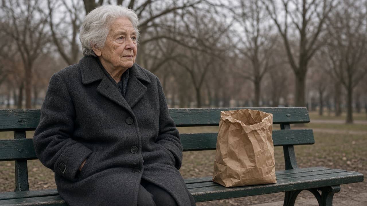 An elderly woman in a grey coat on a park bench with a paper bag and bare trees