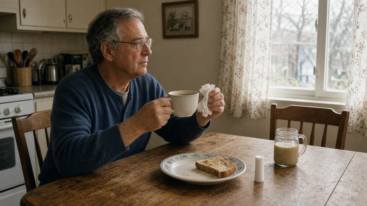 A man in his sixties at a kitchen table with coffee, toast, and a small white tube