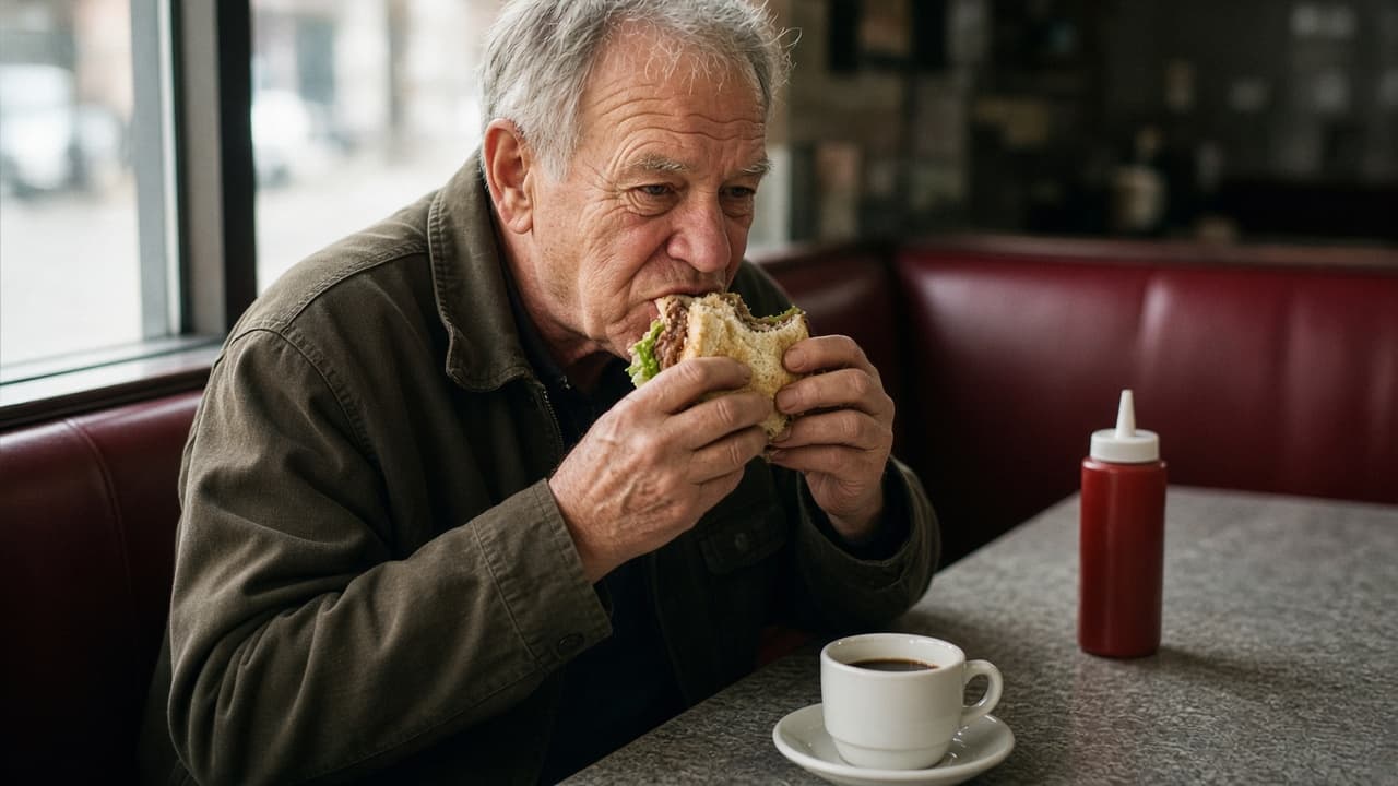 A man in a plaid shirt eating a sandwich at a diner counter