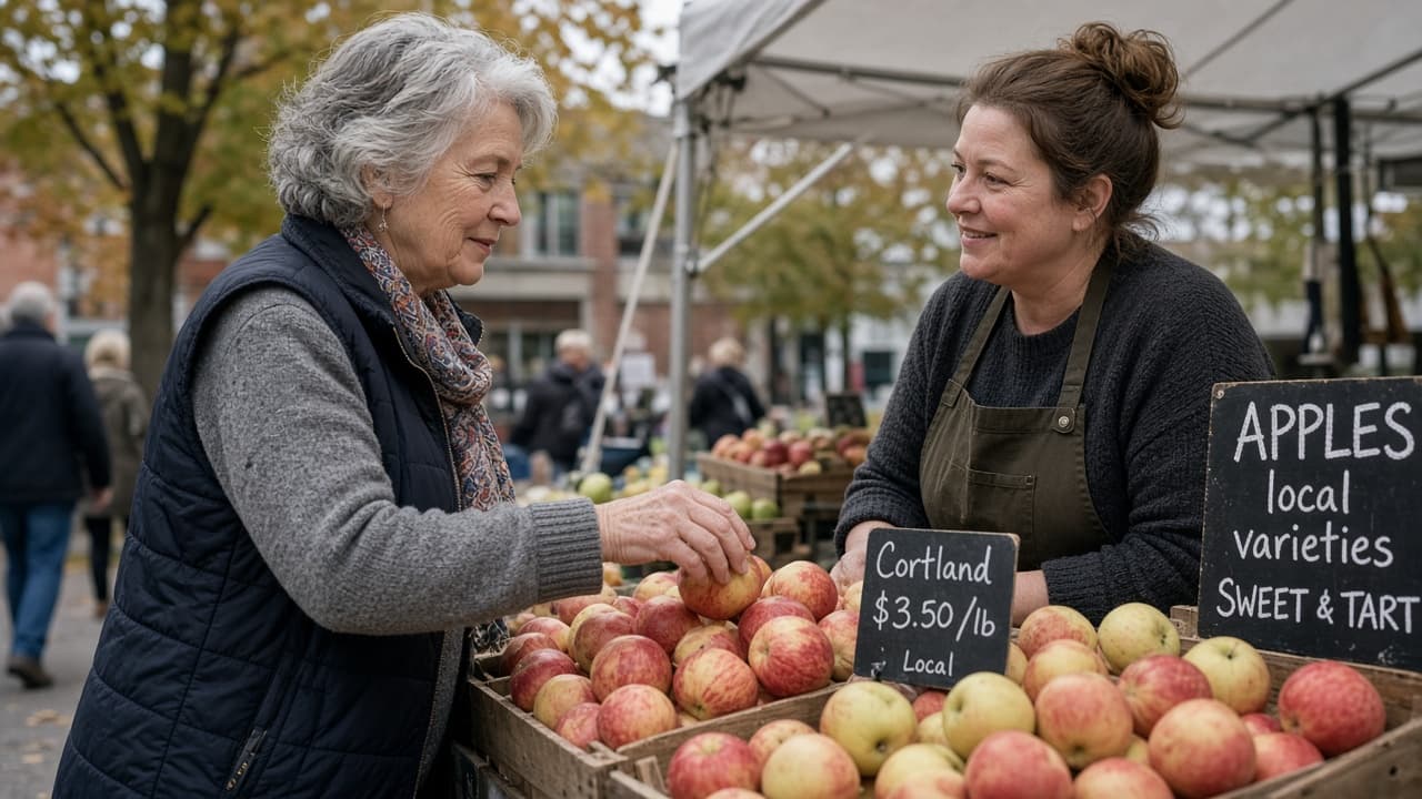 A woman in a green jacket buying apples at a farmers market