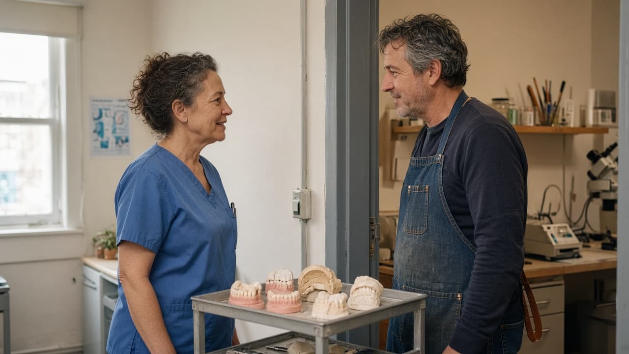 Two colleagues in scrubs talking in a dental lab, faces in profile