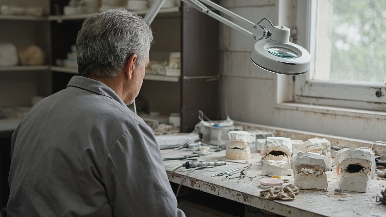 A denture on a stand beside a full-arch implant model in a dental lab