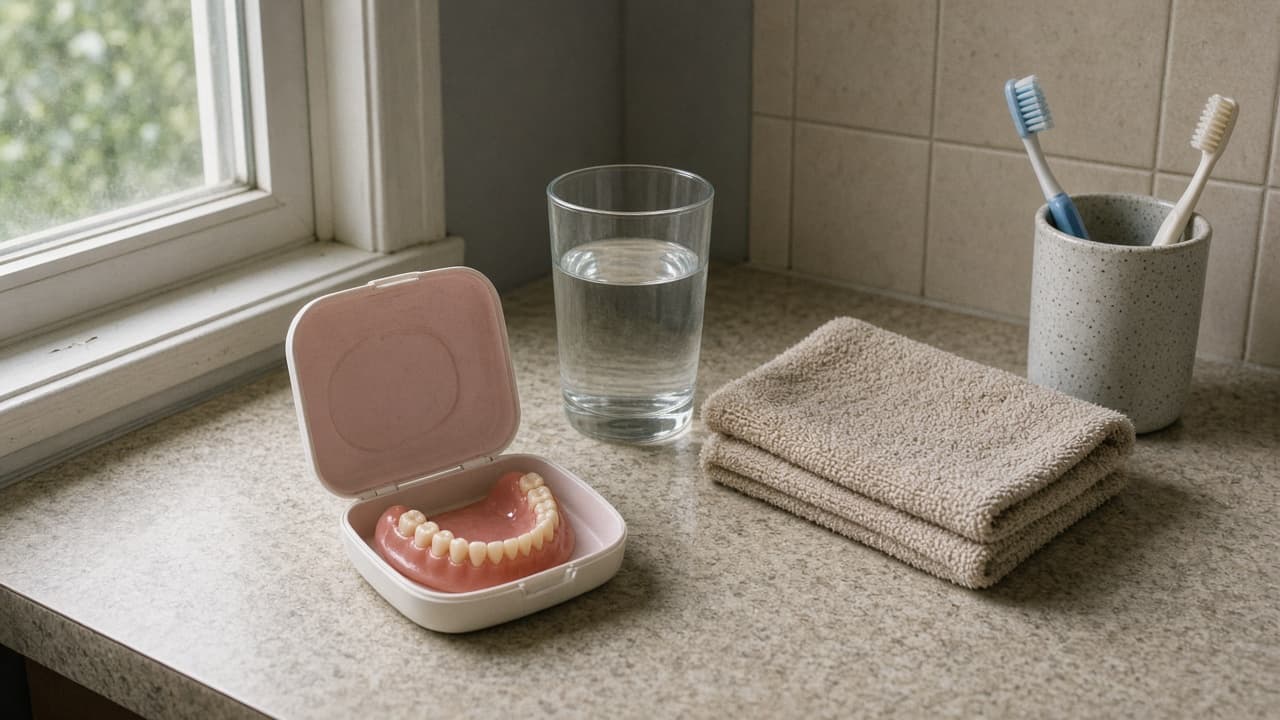 A denture case and a glass of water on a bathroom counter in morning light