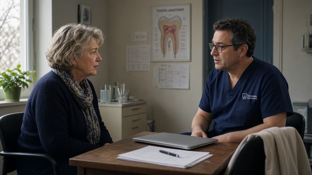 Two adults talking across a small clinic desk with a laptop closed