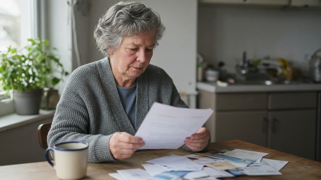 A woman in a beige sweater reading a benefits letter at a kitchen table