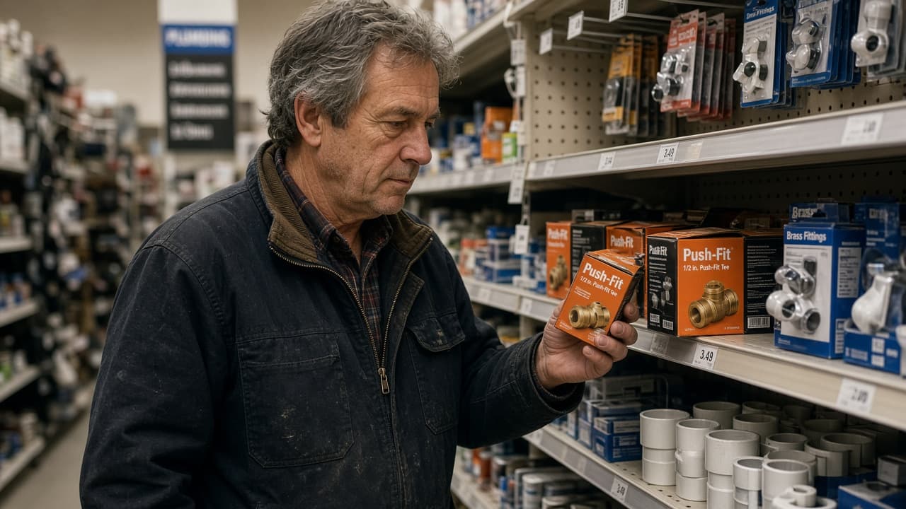 A man in a hardware store comparing two small items in his hands