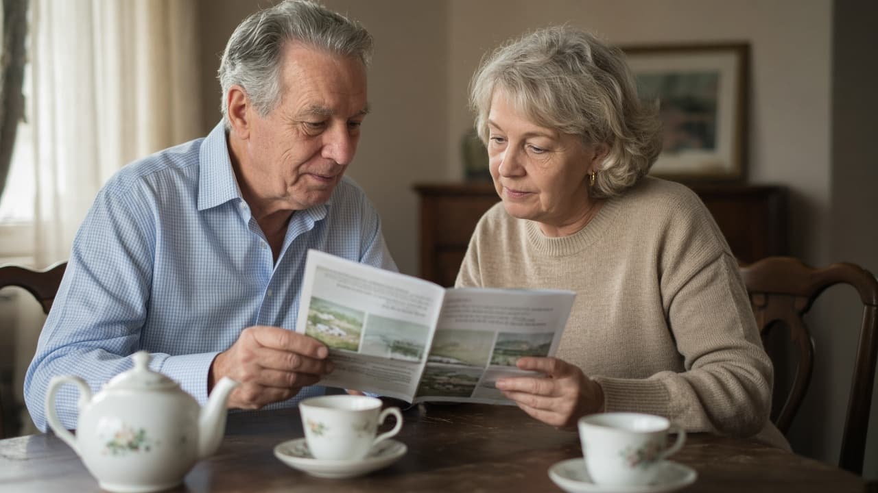 A couple reading a brochure together over tea at a kitchen table