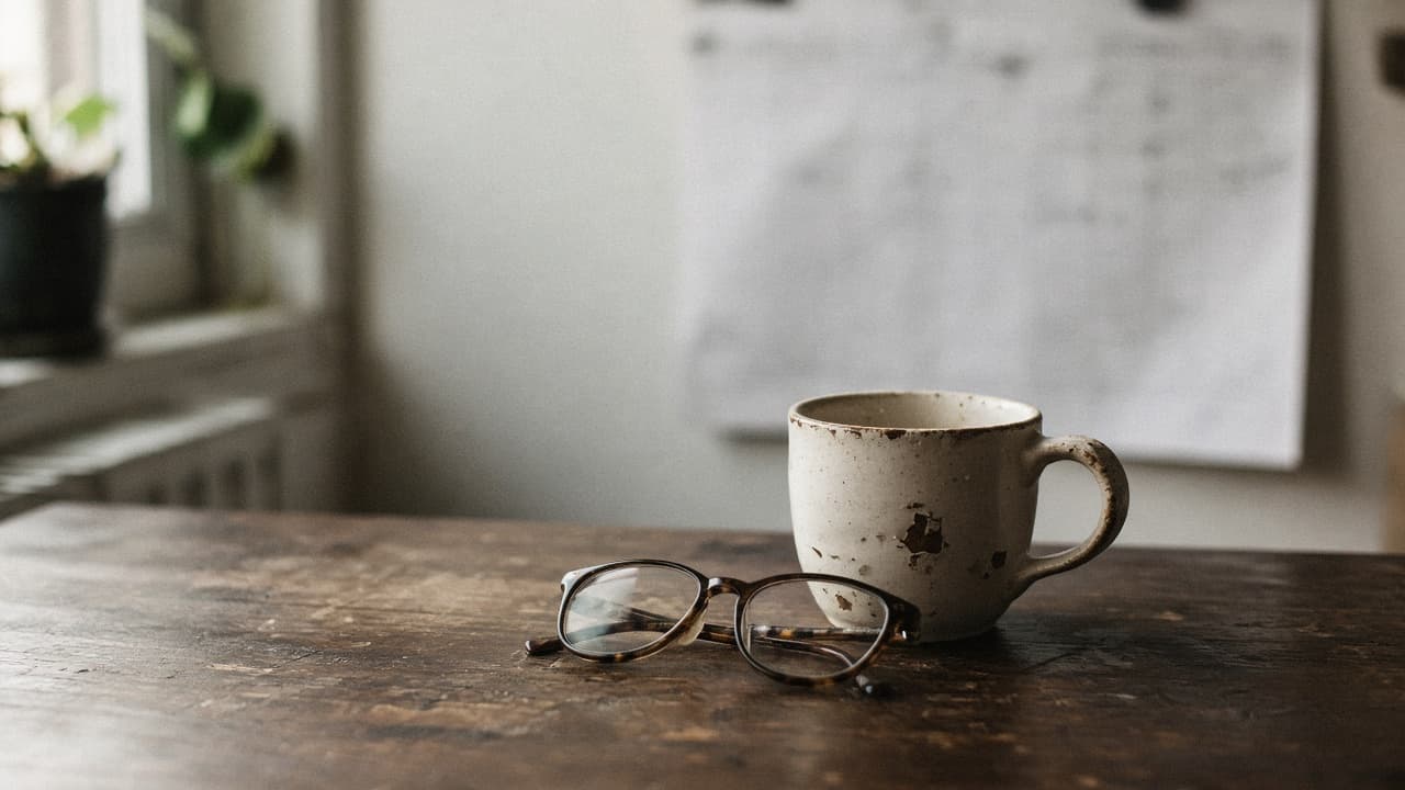 A kitchen calendar and reading glasses on a table, years marked but not readable