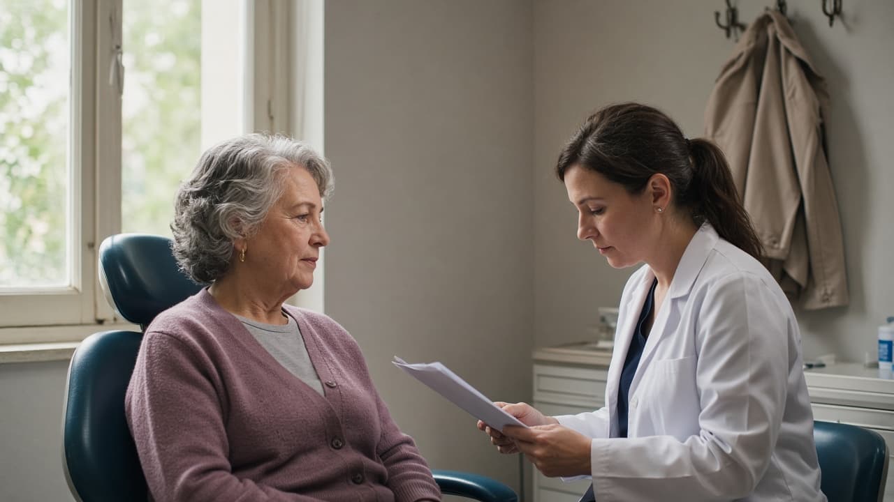 A patient and a clinician talking in a treatment room, faces in three-quarter view