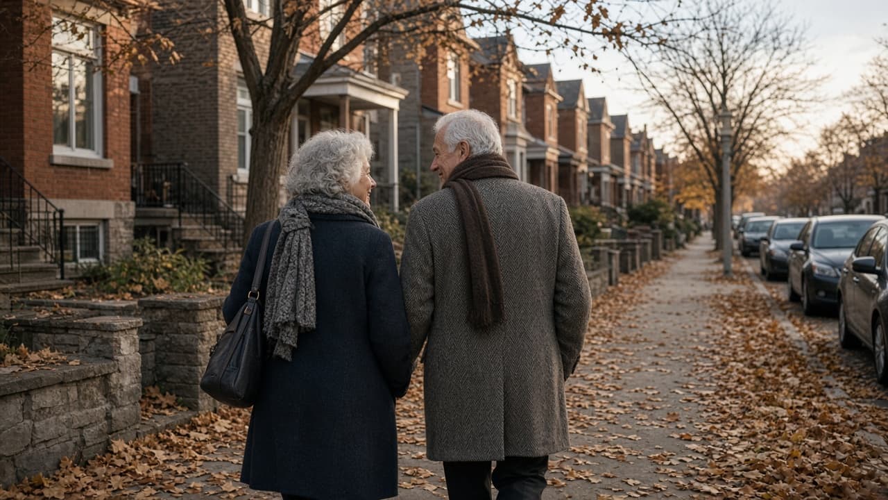 A couple in their sixties smiling on a porch in autumn