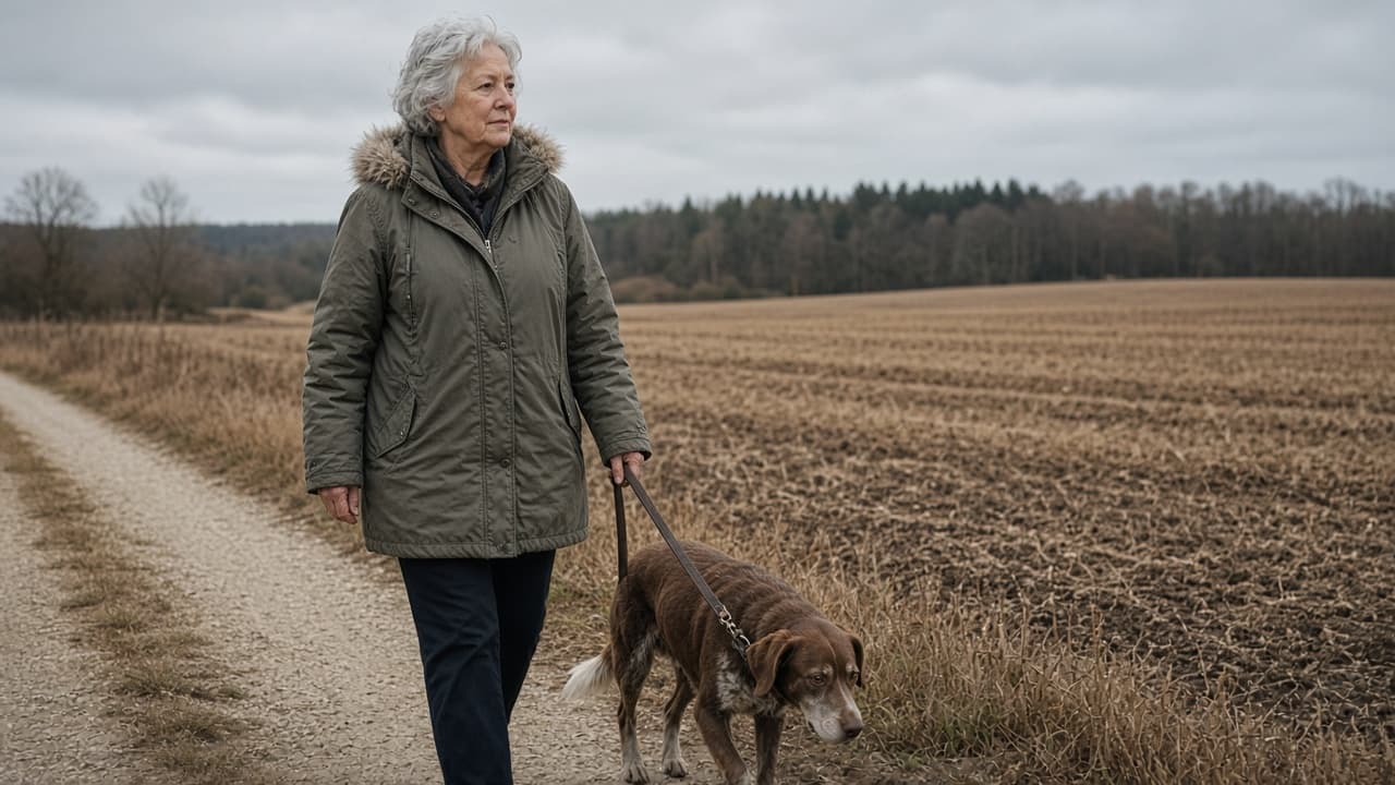 A grey-haired woman in a parka walking a dog on a gravel path beside a field