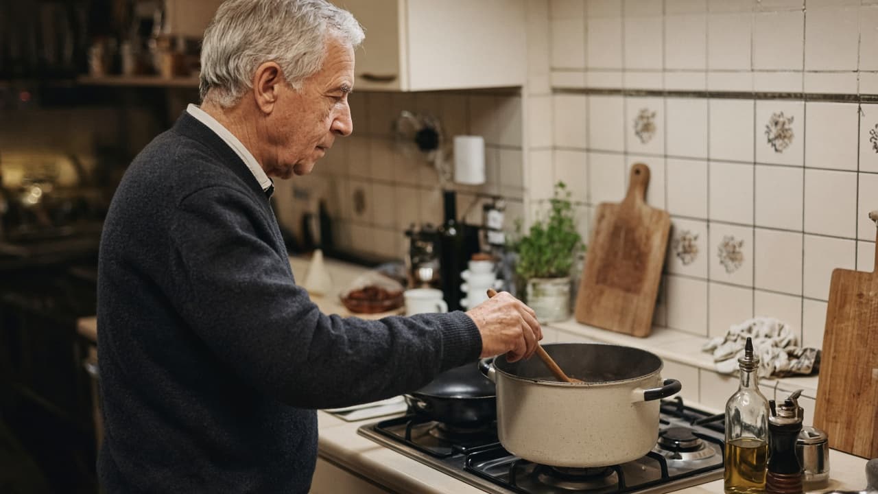 An older man stirring a pot at a gas stove