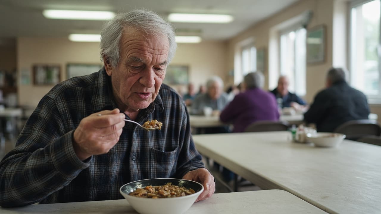 An older man in flannel eating from a bowl at a community hall table