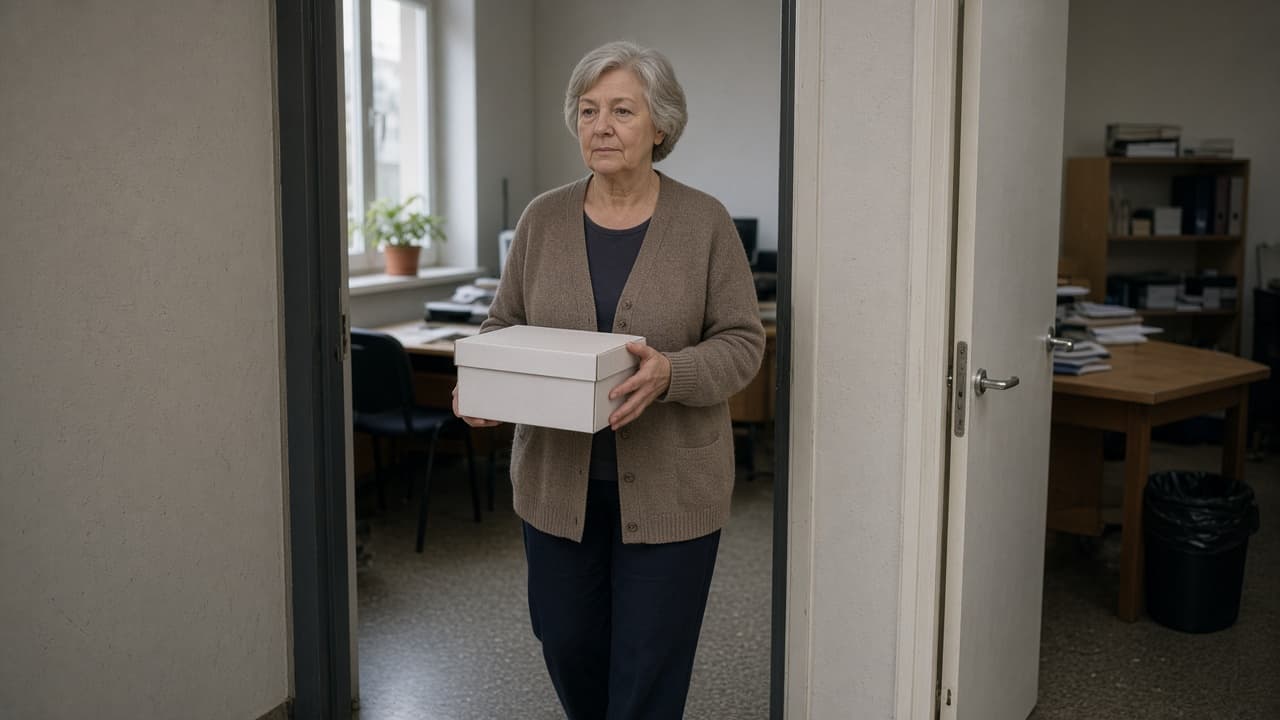 An older woman in a cardigan carrying a plain white box through a doorway between workrooms