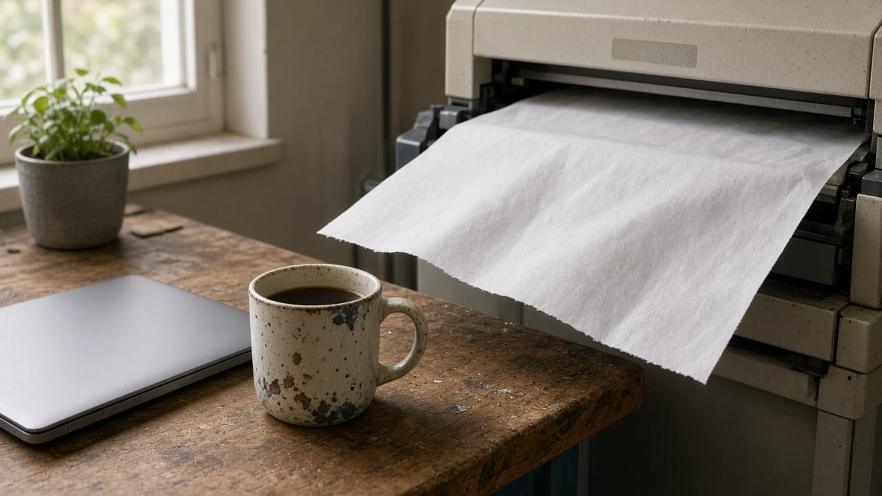 A workshop desk with a 3D printer, a monitor, a mug, and a dust sheet