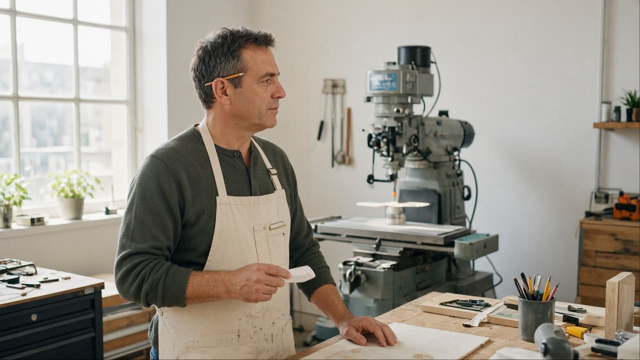 A man in a canvas apron looking across a bright workshop at a milling machine