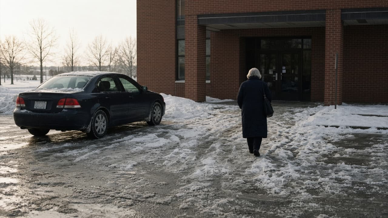 A woman in a long coat walking toward a brick clinic in the snow