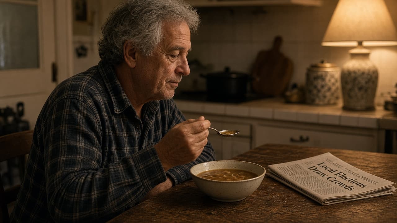 A man eating soup at a kitchen table in the evening