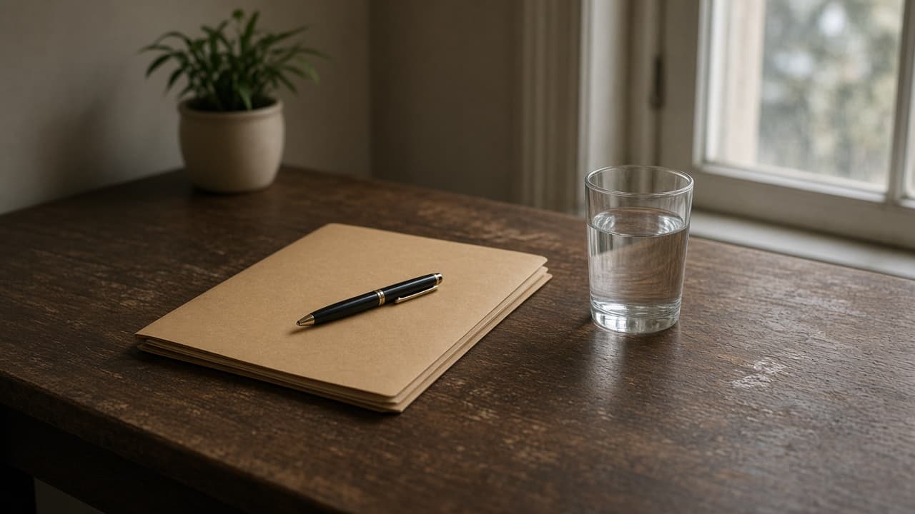 A closed paper chart on a clinic desk beside a window