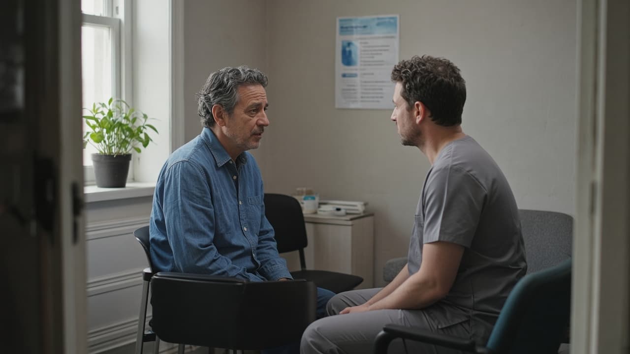 Two people talking in a consultation room, seen from the doorway