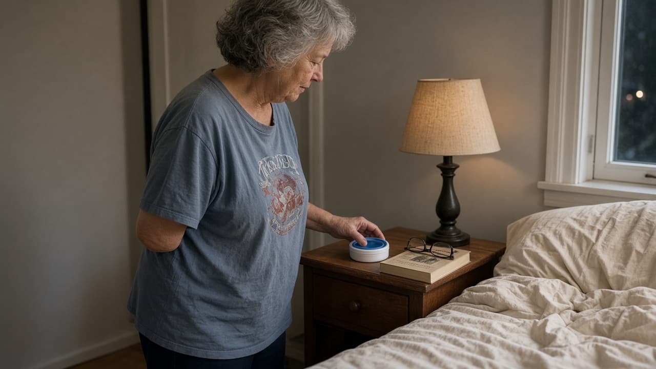 A person in their sixties setting a denture case on a nightstand