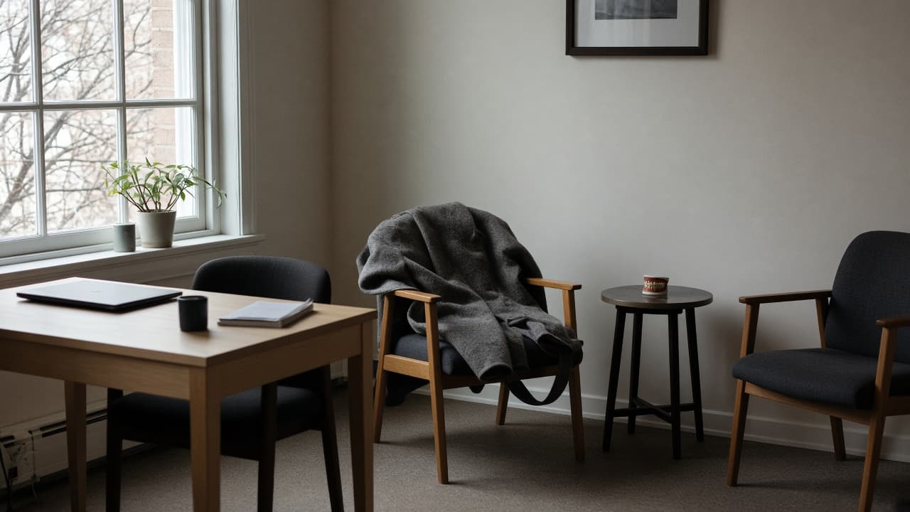 A consultation room with two empty chairs and a coat left on one of them