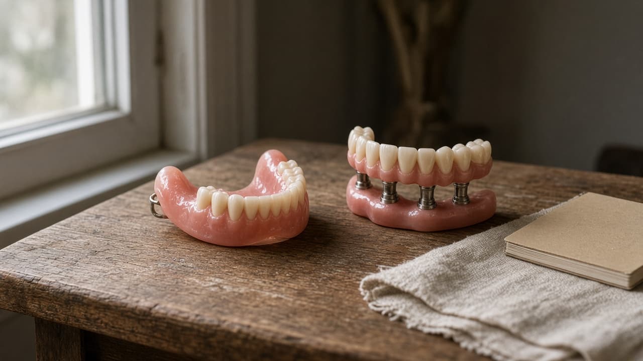 A snap-on denture and a fixed full-arch bridge side by side on a wood table