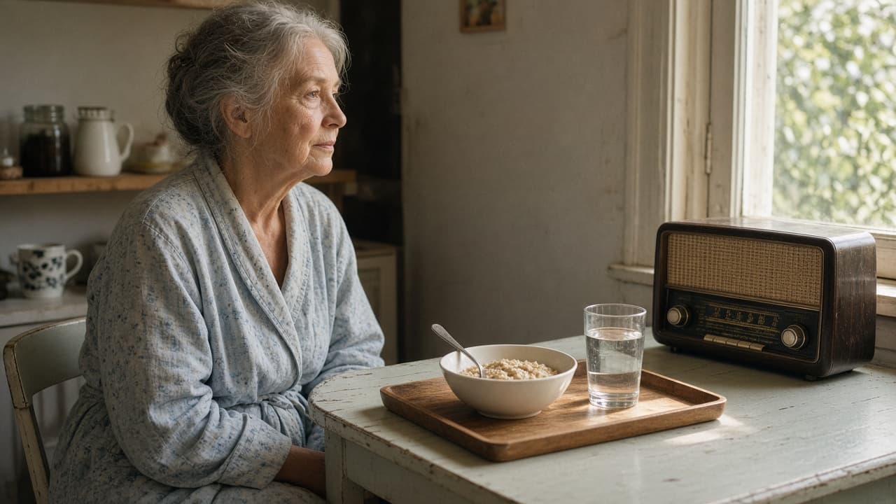 A woman in a white robe at a kitchen table with a bowl of oatmeal