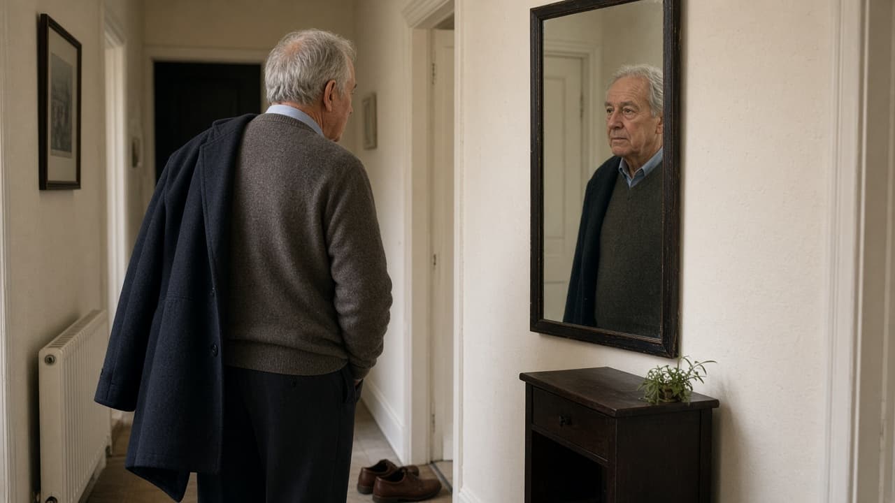 A man in his sixties checking a coat in a home hallway mirror