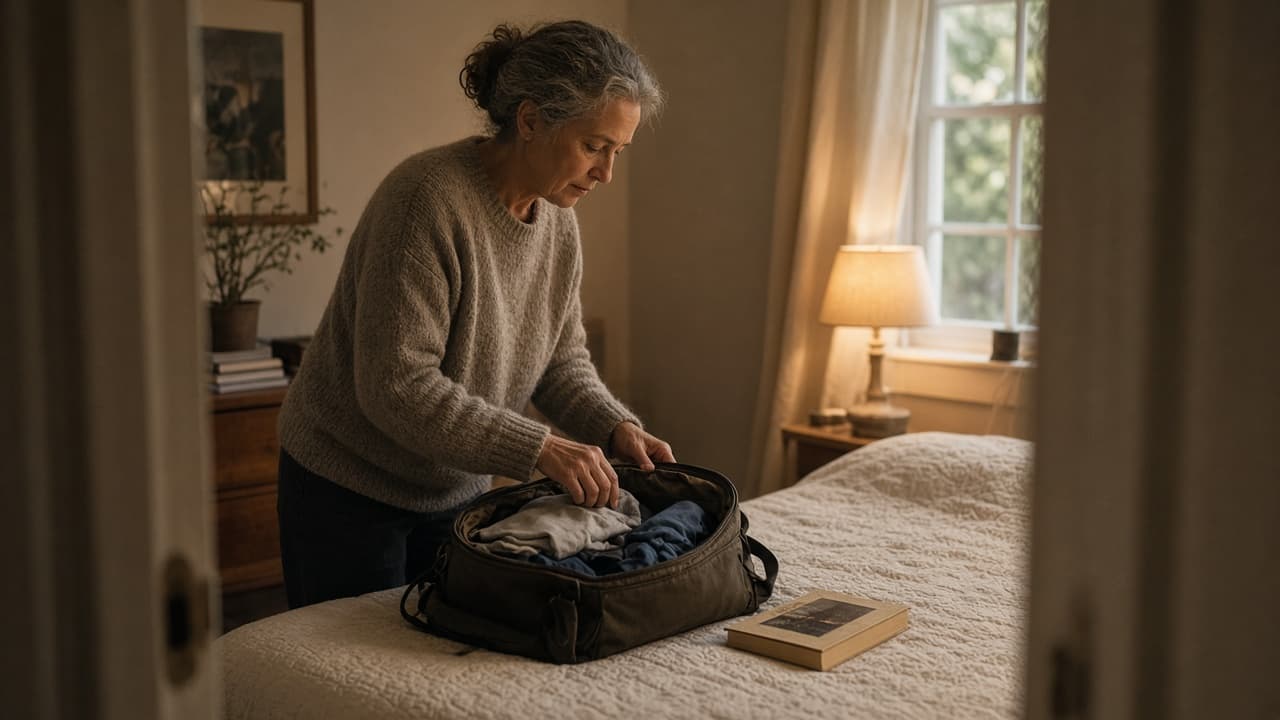 A woman around sixty packing clothes into an overnight bag on a bed