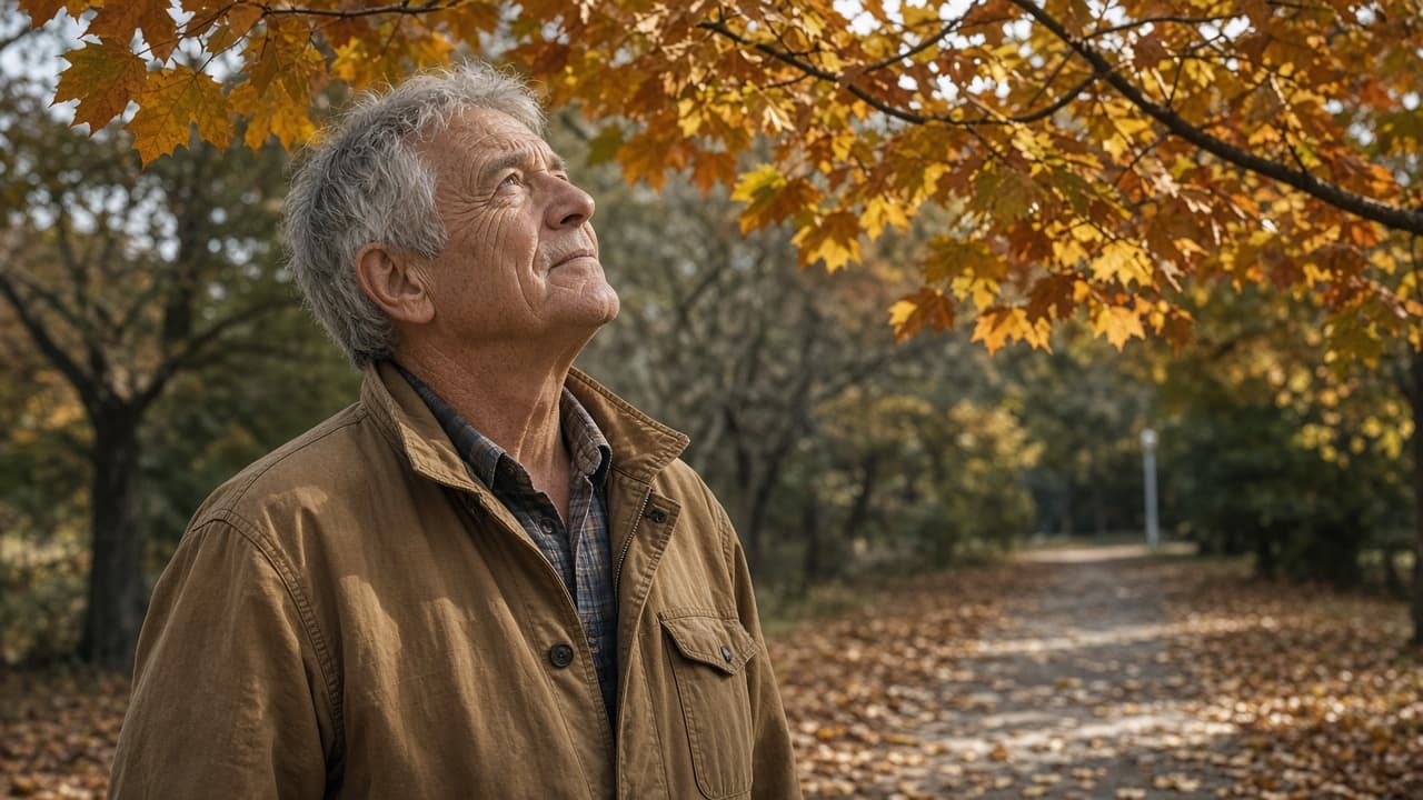 An older man in a tan jacket looking up at autumn maple leaves