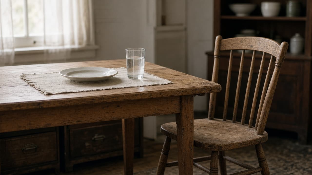 An empty wooden chair beside a table set with a plate, a water glass, and a placemat